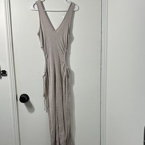 Striped V-Neck pant romper/jumpsuit - Tan and White